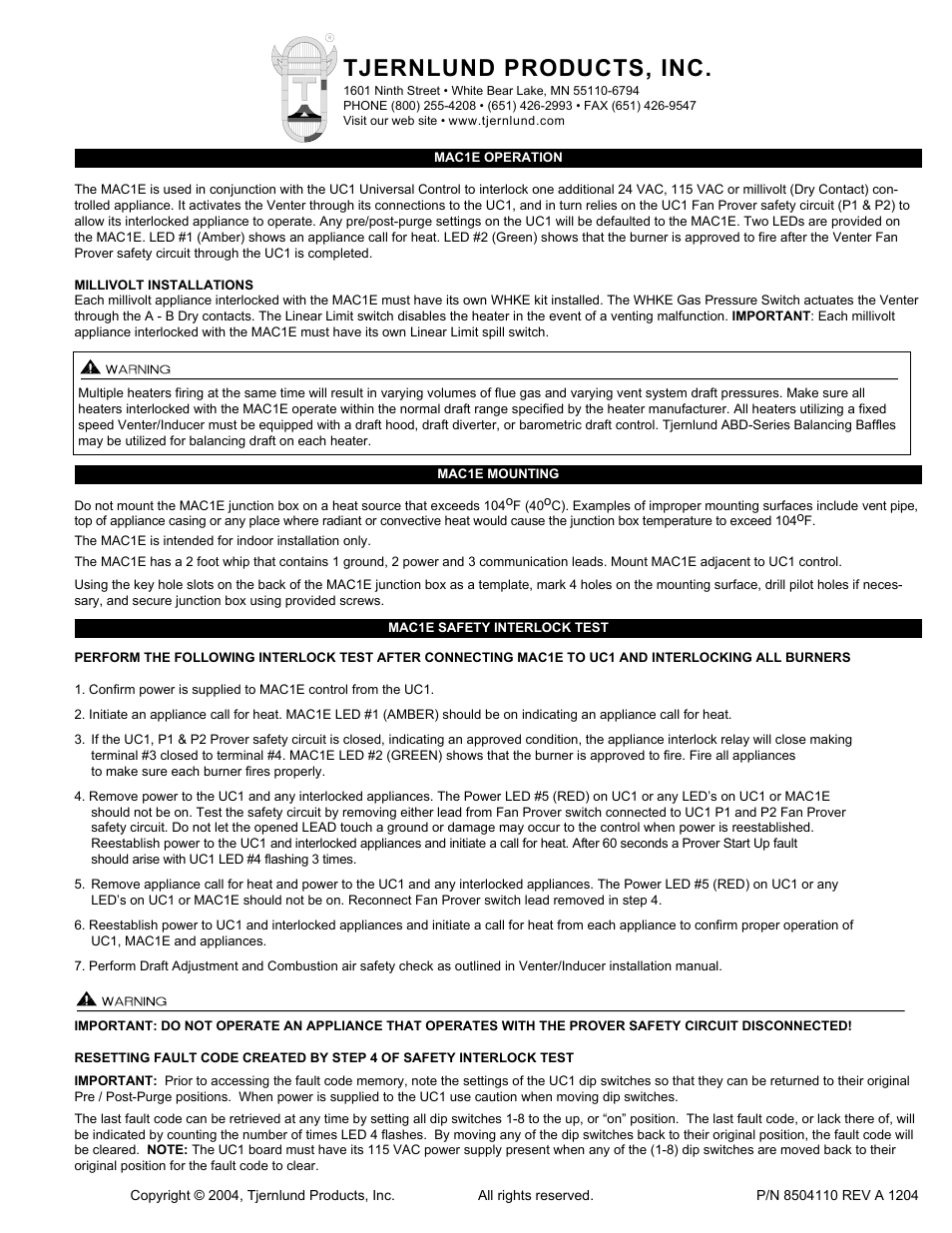 Tjernlund MAC1E Control (Compatible with UC1 Control) 8504110 Rev A 12/04 User Manual | 2 pages