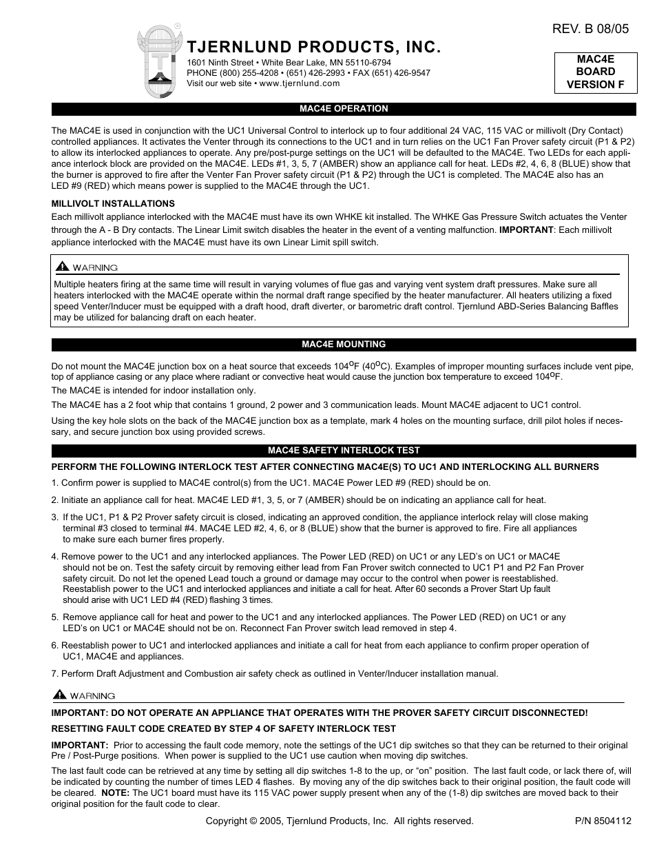 Tjernlund MAC4E Control Version F (Compatible with UC1 Control) 8504112 Rev B 08/05 User Manual | 2 pages