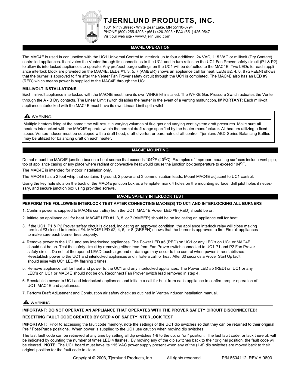 Tjernlund MAC4E Control (Compatible with UC1 Control) 8504112 Rev A 08/03 User Manual | 2 pages