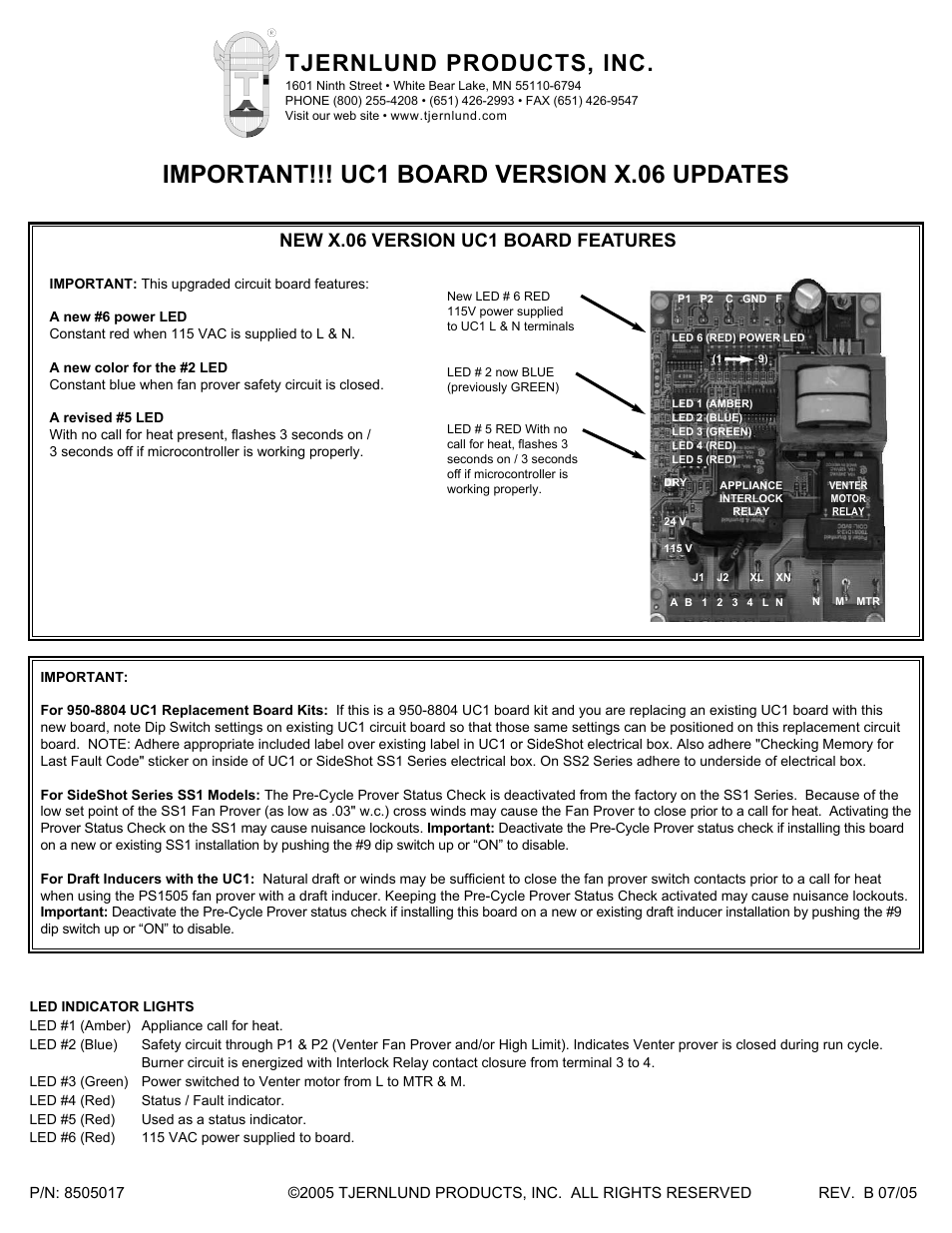 Tjernlund UC1 Universal Control (Version X.06) Addendum 8505017 Rev B 07/05 User Manual | 2 pages