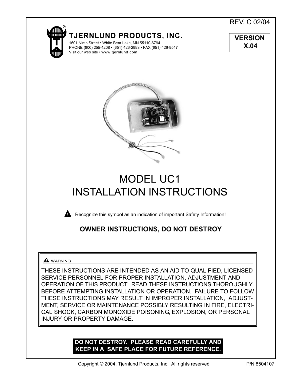 Tjernlund UC1 Universal Control (Version X.04) 8504107 Rev C 02/04 User Manual | 15 pages