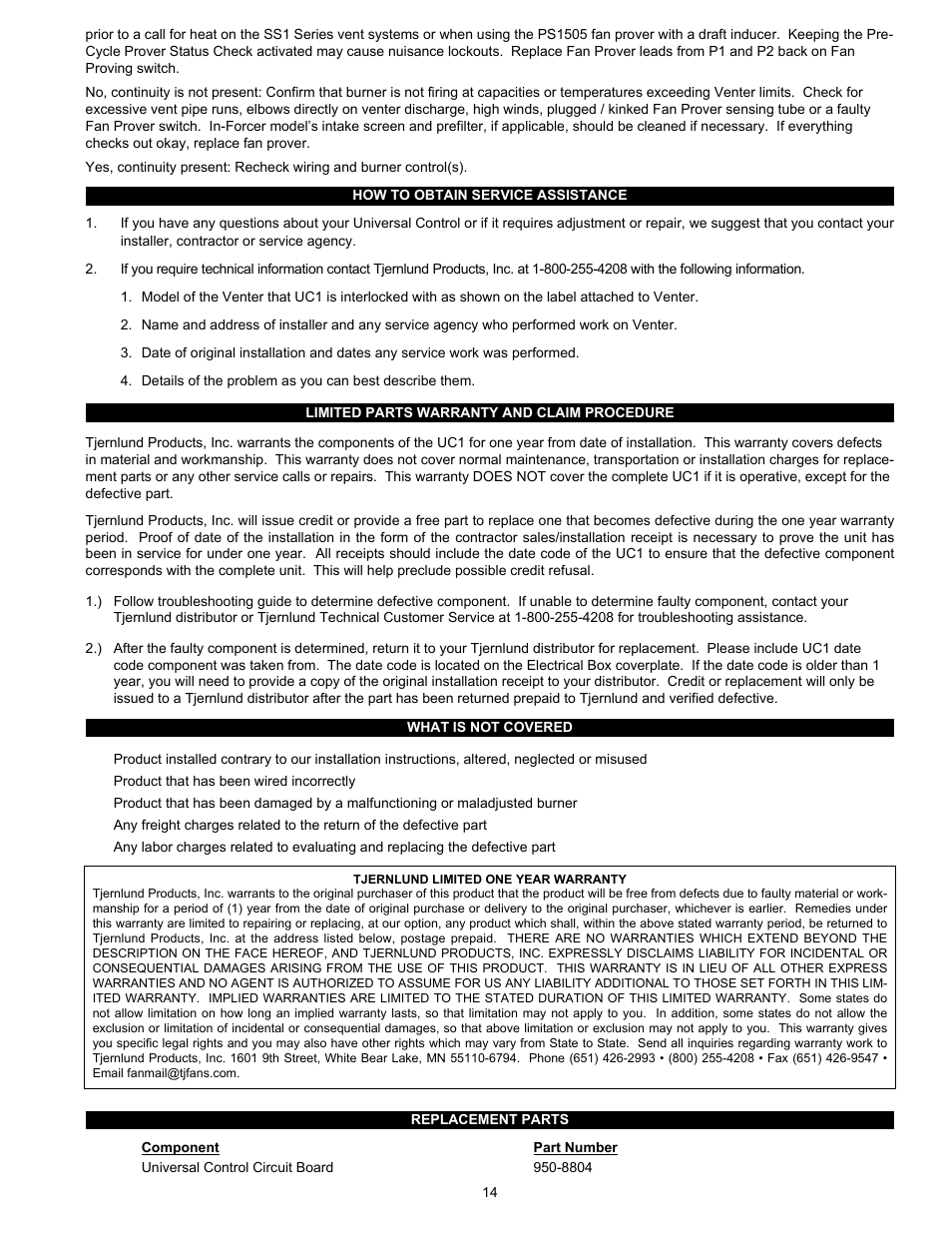 Tjernlund UC1 Universal Control (Version X.04) 8504107 Rev C 02/04 User Manual | Page 15 / 15