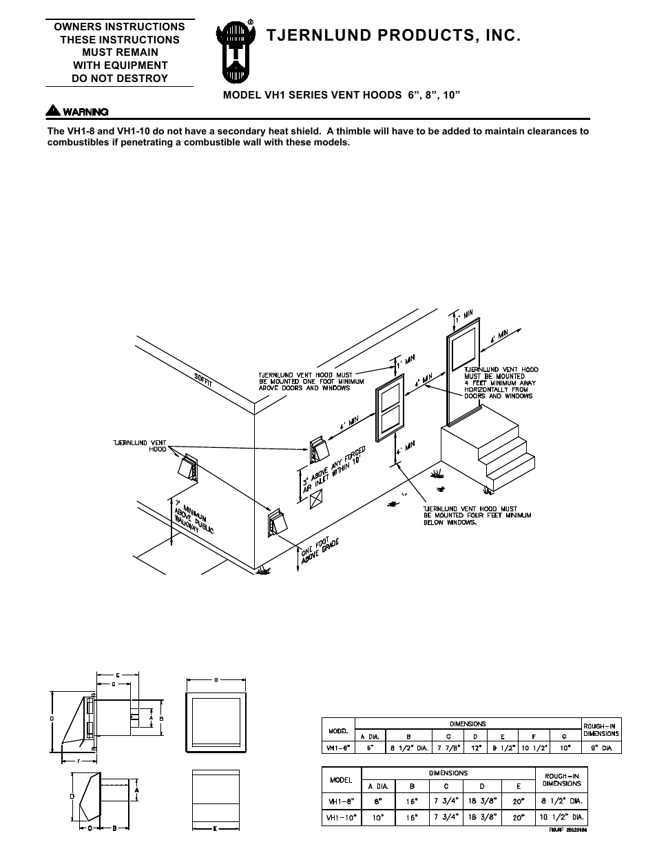 Tjernlund VH1-6,8,10 Vent Hoods 8504054 Rev B 09/00 User Manual | 2 pages