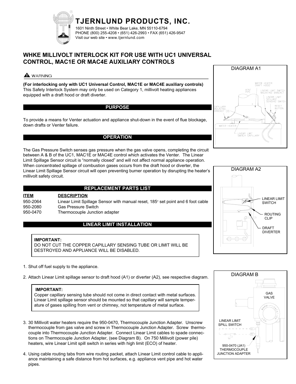 Tjernlund WHKE Millivolt Interlock Kit (Compatible with UC1 Control) 8504108 Rev 08/02 User Manual | 4 pages