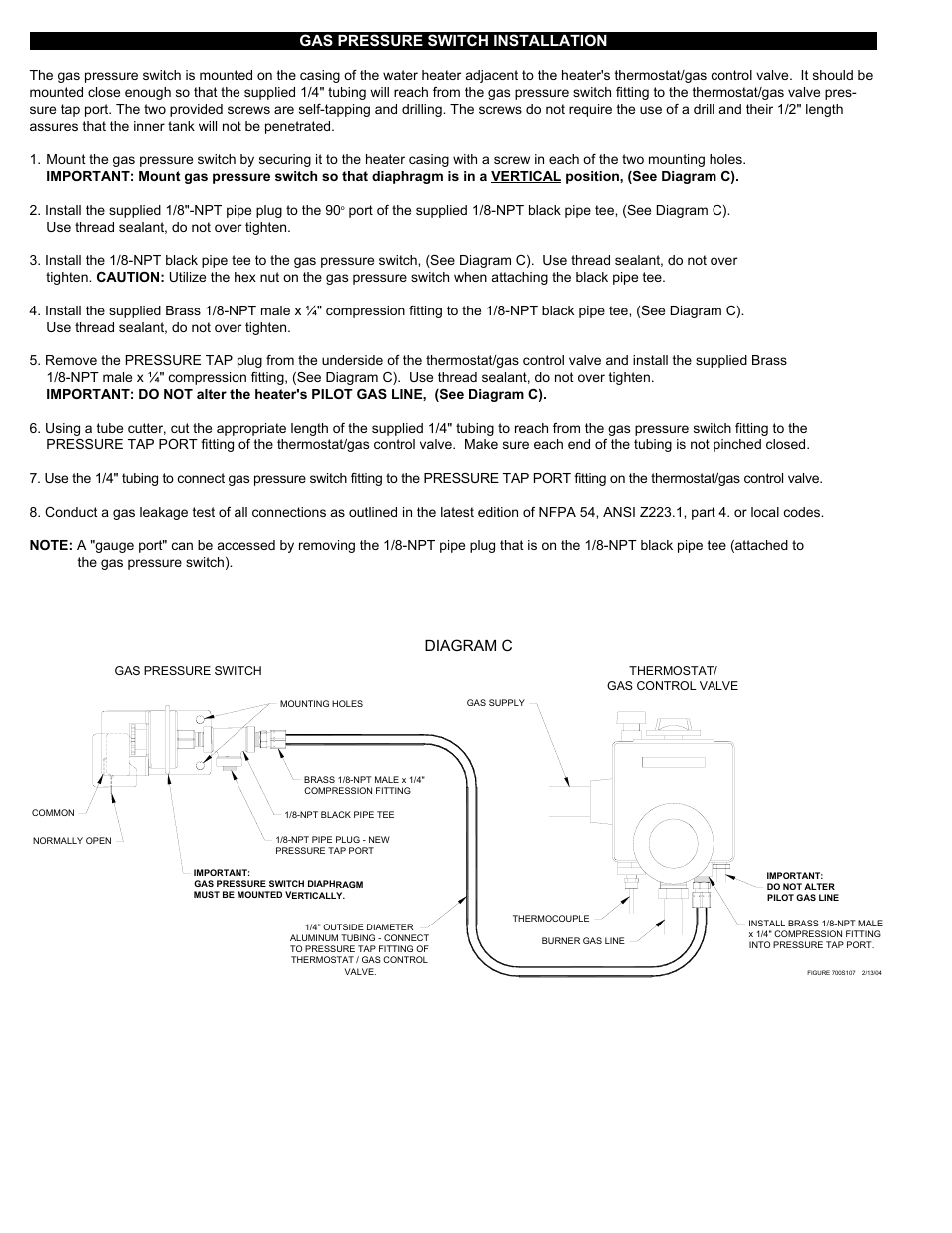 Gas pressure switch installation, Diagram c | Tjernlund WHKE Millivolt Interlock Kit (Compatible with UC1 Control) 8504108 Rev 08/02 User Manual | Page 2 / 4