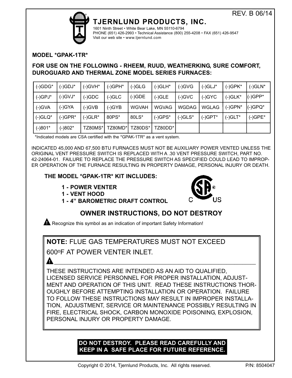 Tjernlund GPAK-1TR 8504047 Rev B 06/14 User Manual | 13 pages