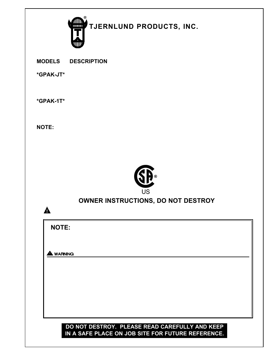 Tjernlund GPAK-JT,1T 8504034 Rev 11/97 User Manual | 15 pages