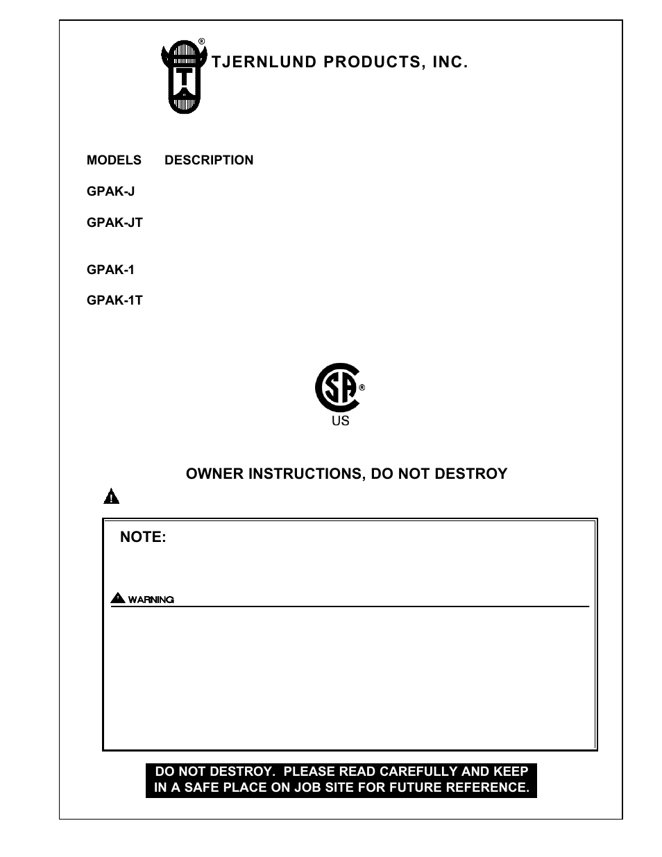 Tjernlund GPAK-J,JT,1,1T (Discontinued) 8504013 Rev 3 09/97 User Manual | 19 pages