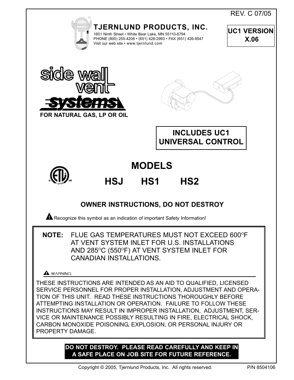 Models hsj hs1 hs2, Includes uc1 universal control, Tjernlund products, inc | Tjernlund HSJ, 1, 2 Series with UC1 Universal Control (Version X.06) 8504106 Rev C 07/05 User Manual | Page 3 / 22