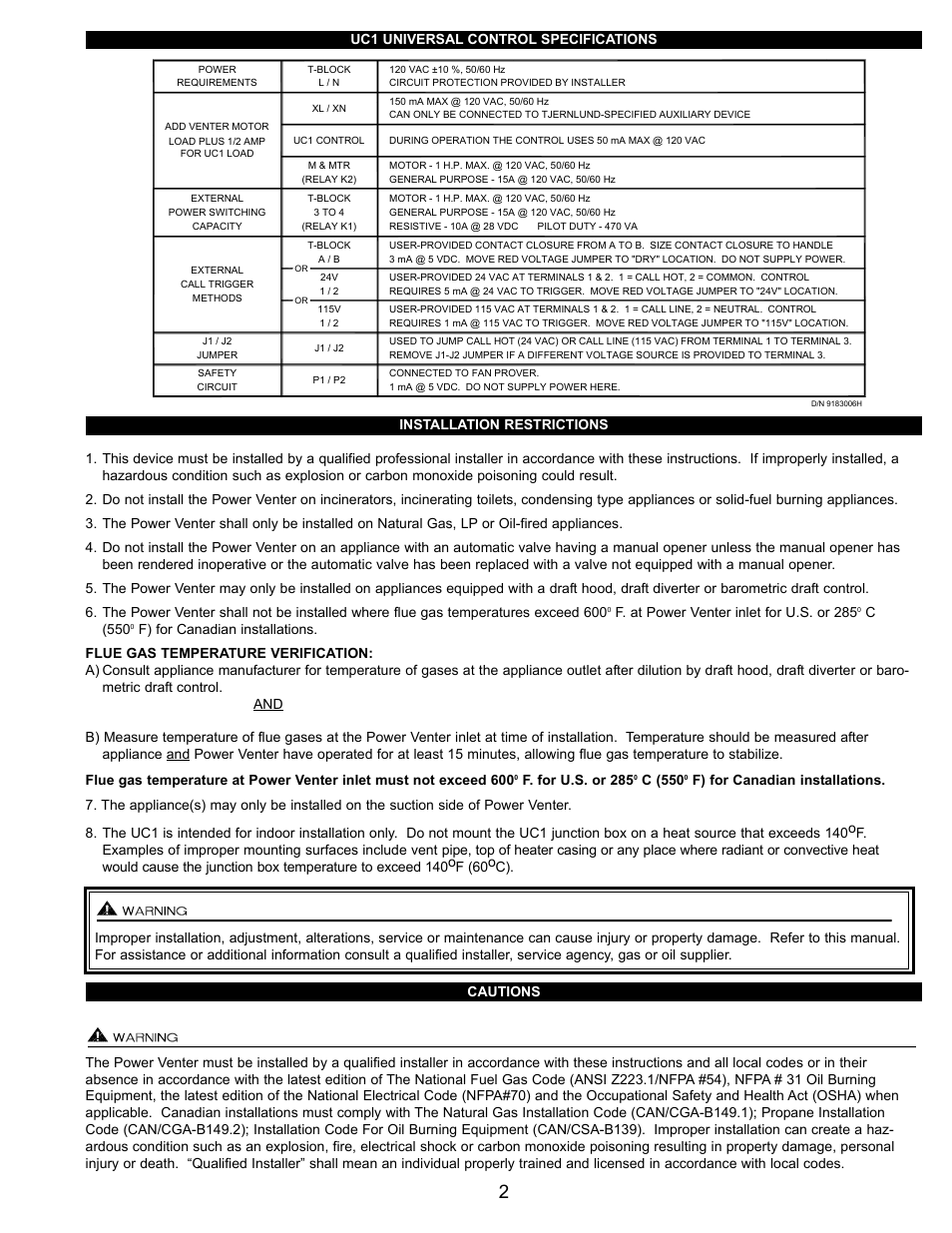 Tjernlund HSJ, 1, 2 Series with UC1 Universal Control (Version X.06) 8504106 Rev C 07/05 User Manual | Page 5 / 22