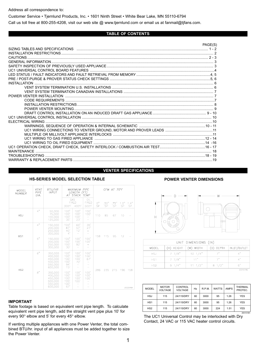 Venter specifications, Elbow and 5’ for every 45 | Tjernlund HSJ, 1, 2 Series with UC1 Universal Control (Version X.04) 8504106 Rev B 05/03 User Manual | Page 2 / 20