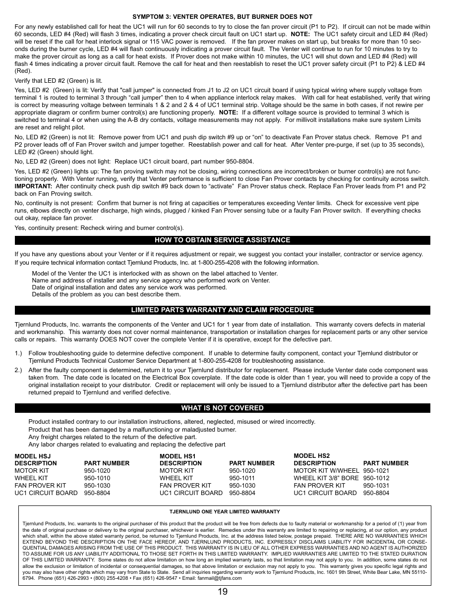 Tjernlund HSJ, 1, 2 Series with UC1 Universal Control (Version X.04) 8504106 Rev B 05/03 User Manual | Page 20 / 20