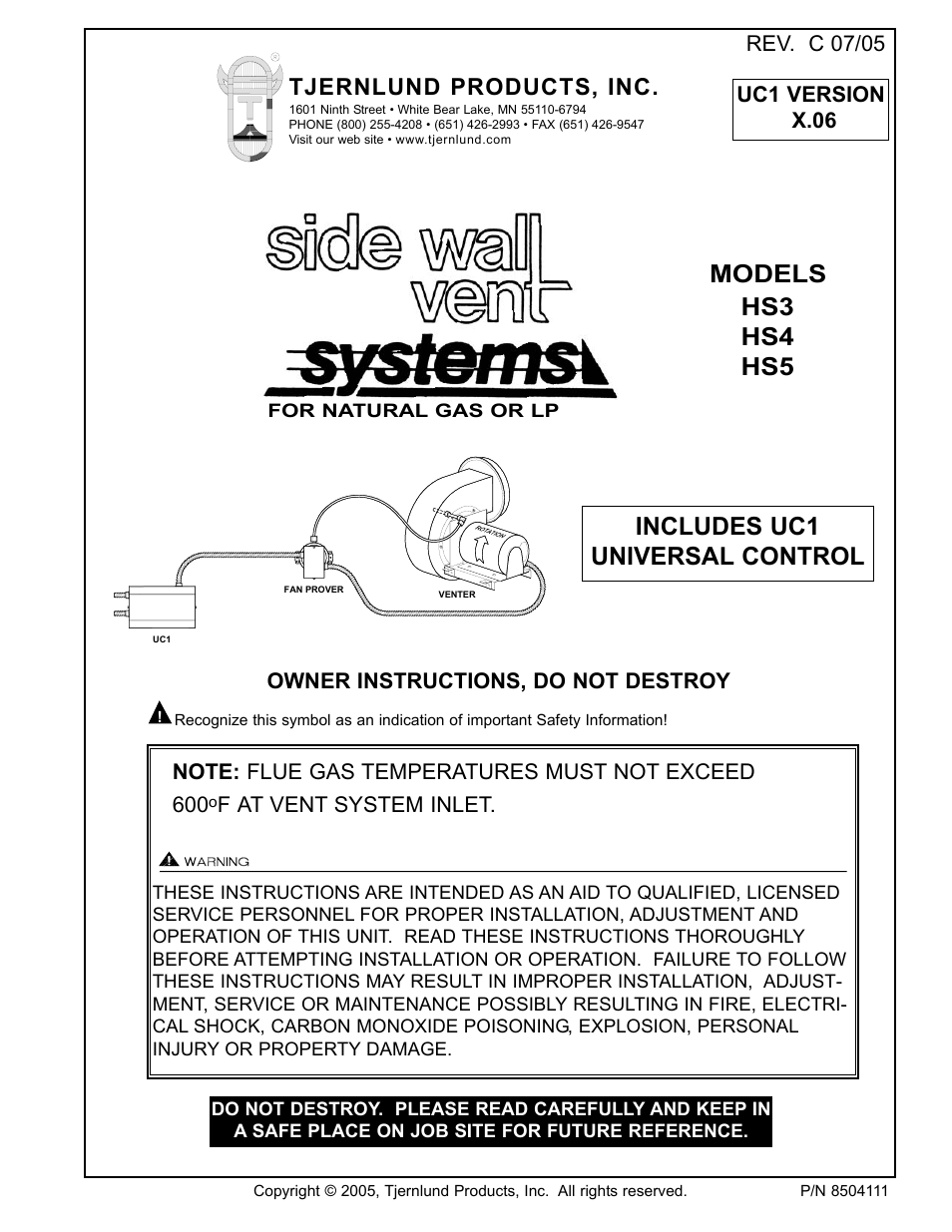 Models hs3 hs4 hs5, Includes uc1 universal control, Tjernlund products, inc | Tjernlund HS3,4,5 Series with UC1 Universal Control (Version X.06) 8504111 Rev C 07/05 User Manual | Page 3 / 18