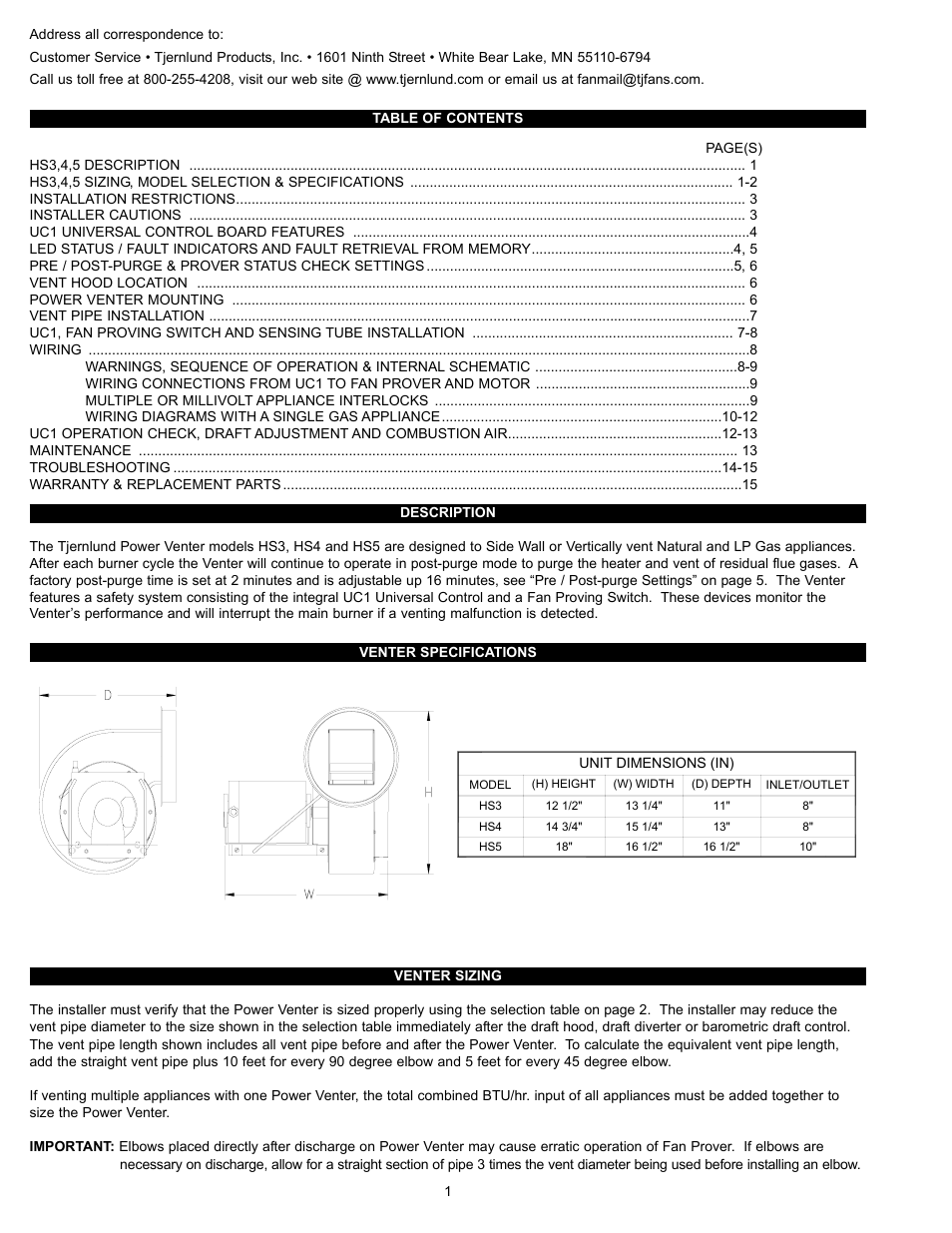 Tjernlund HS3,4,5 Series with UC1 Universal Control (Version X.06) 8504111 Rev C 07/05 User Manual | Page 4 / 18