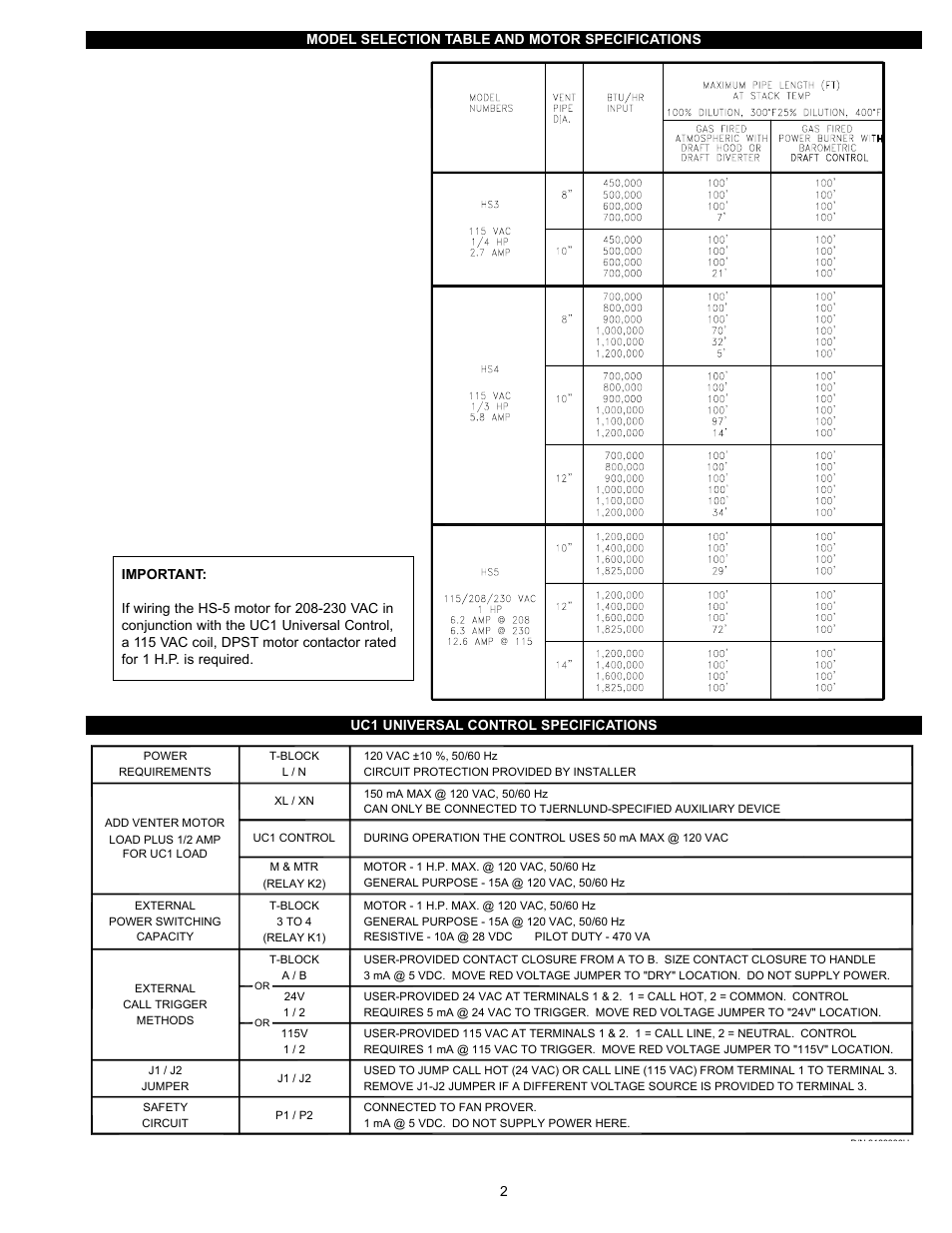 Tjernlund HS3,4,5 Series with UC1 Universal Control (Version X.06) 8504111 Rev C 07/05 User Manual | Page 5 / 18