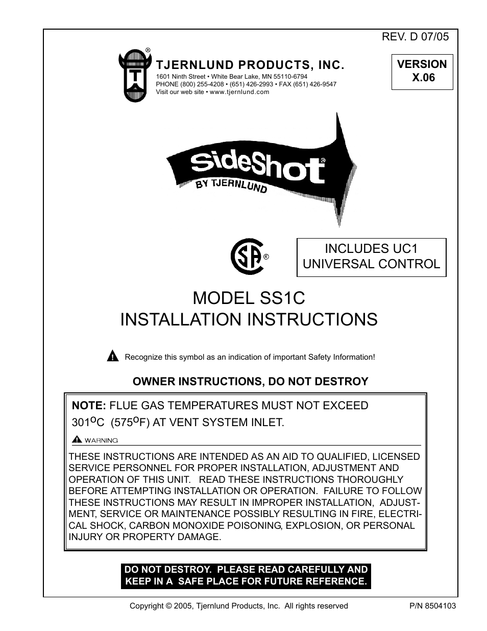 Model ss1c installation instructions | Tjernlund SS1C SideShot with UC1 Universal Control (Version X.06) 8504103 Rev D 07/05 User Manual | Page 3 / 26