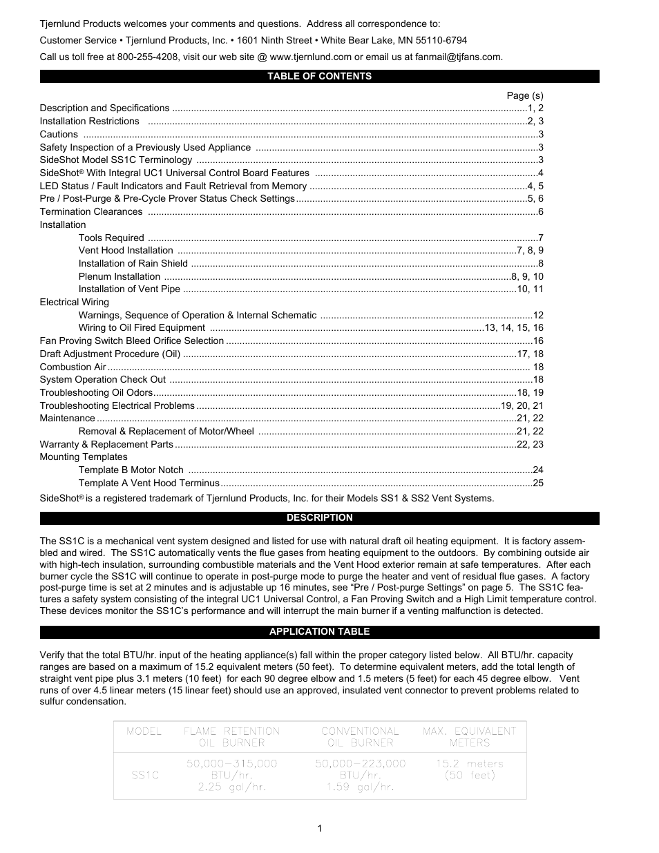 Tjernlund SS1C SideShot with UC1 Universal Control (Version X.04) 8504103 Rev C 02/04 User Manual | Page 2 / 24