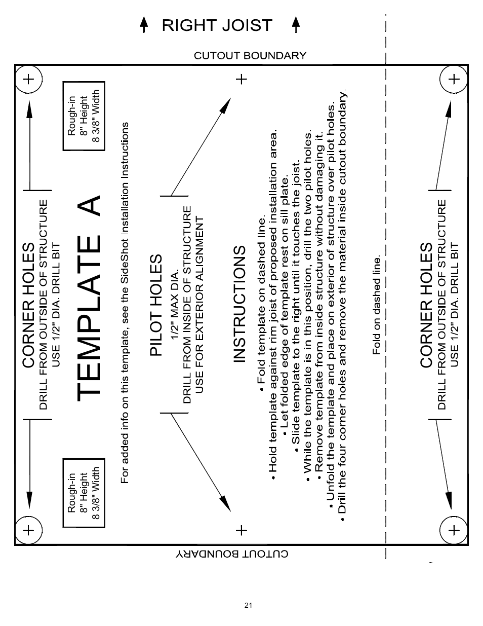 Template a, Corner hol e s, Pi lo t ho le s corner hol e s instructions | Tjernlund SS1R SideShot (Discontinued) with UC1 Universal Control (Version X.06) 8504117 Rev B 02/06 User Manual | Page 23 / 23