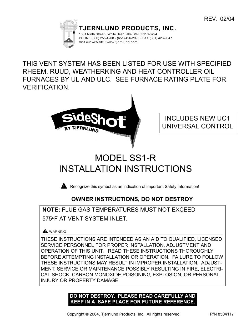 Tjernlund SS1R SideShot (Discontinued) with UC1 Universal Control (Version X.04) 8504117 Rev 02/04 User Manual | 20 pages