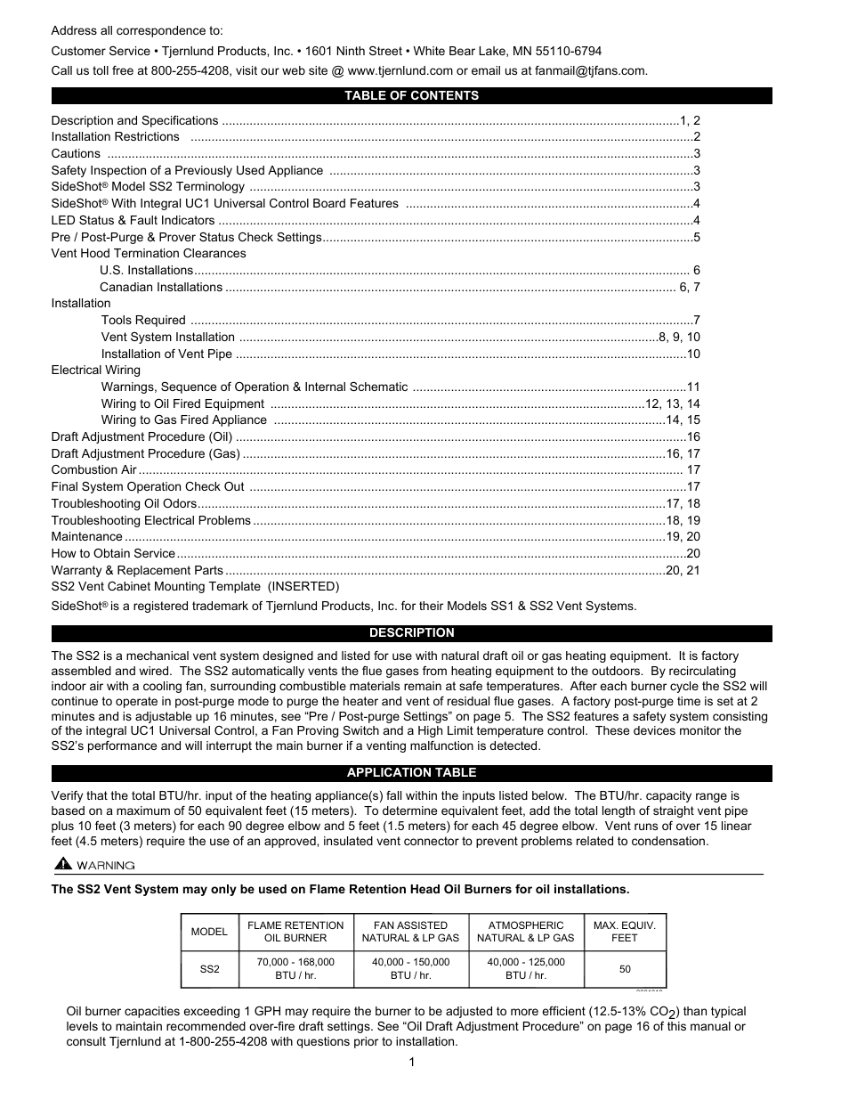 Tjernlund SS2 SideShot with UC1 Universal Control (Version X.02) 8504105 Rev 07/02 User Manual | Page 2 / 22