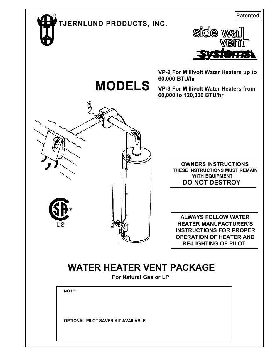 Tjernlund VP-2, VP-3 (Discontinued) 8504025 Rev A 01/00  User Manual | 15 pages