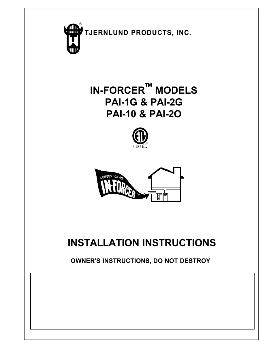 Tjernlund PAI-1 & 2O Combustion Air In-Forcer 8504038 Rev A 05/01 User Manual | 19 pages
