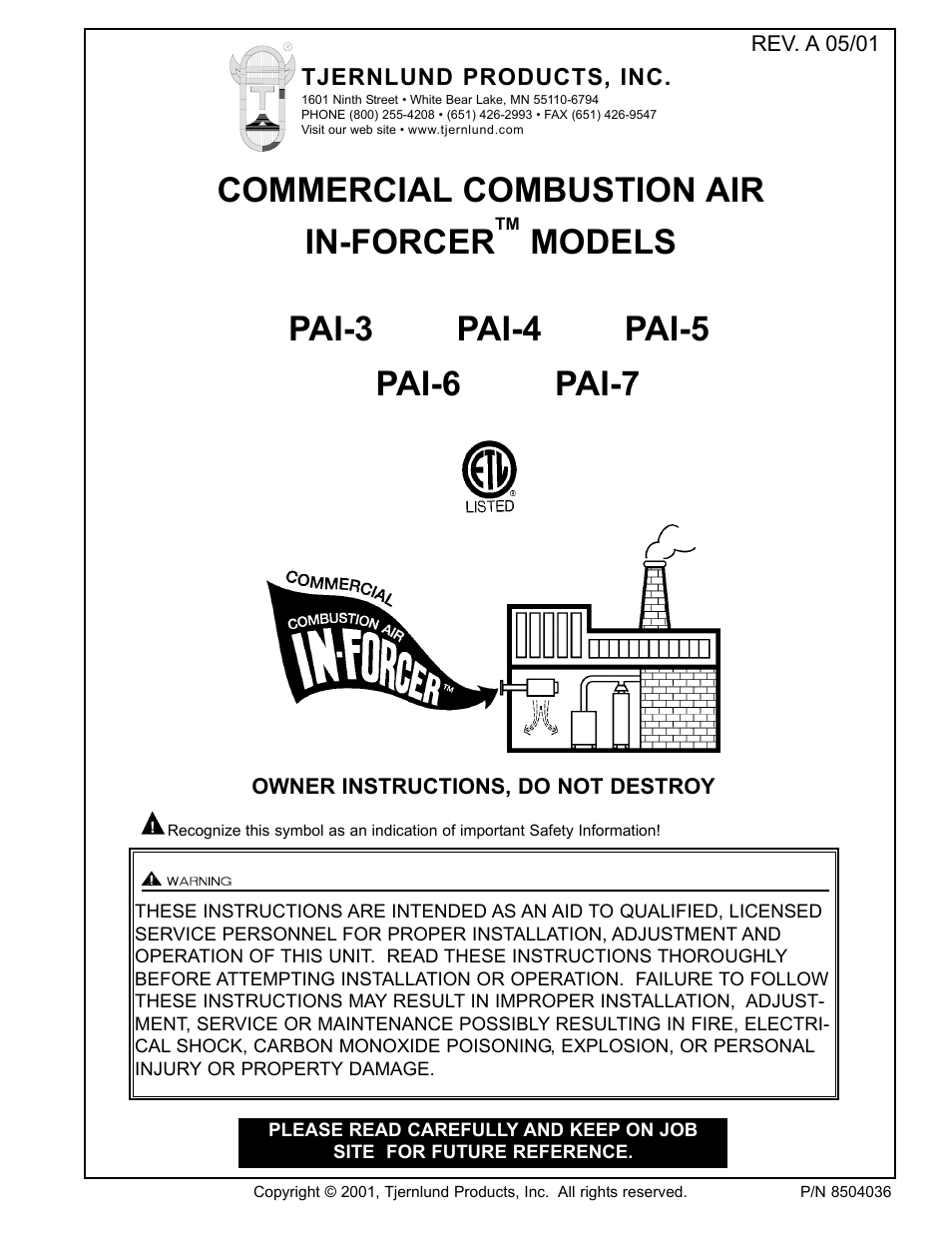 Tjernlund PAI-3,4,5,6,7 Commercial Combustion Air In-Forcer 8504036 Rev A 05/01 User Manual | 16 pages