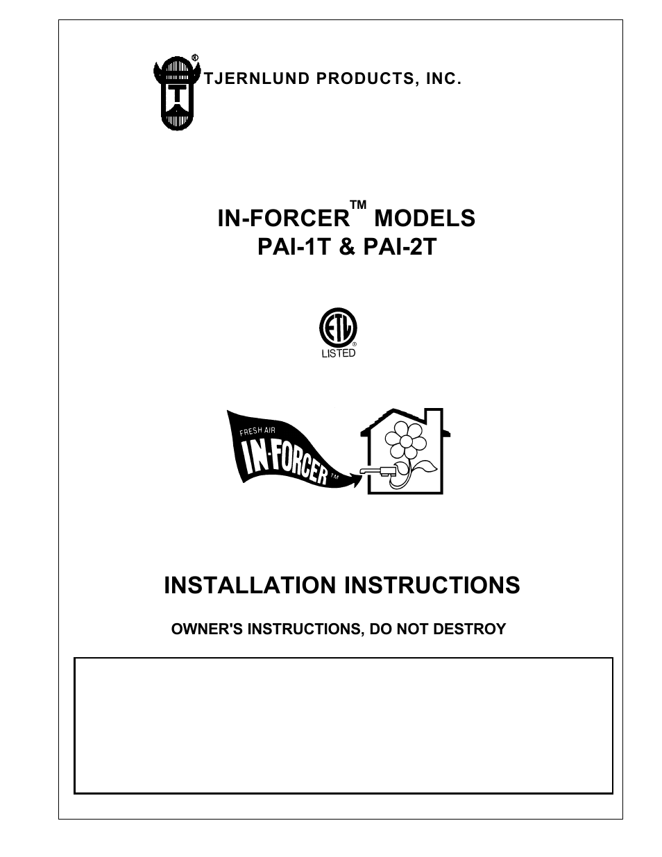 Tjernlund PAI-2T Fresh Air In-Forcer (Discontinued) 8504039 Rev A 06/00 User Manual | 15 pages