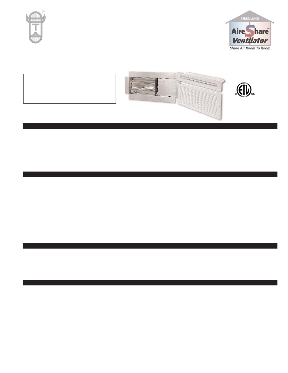 Tjernlund AS1 AireShare Room-to-Room Ventilator Rev A 02/08 8504136 User Manual | 4 pages