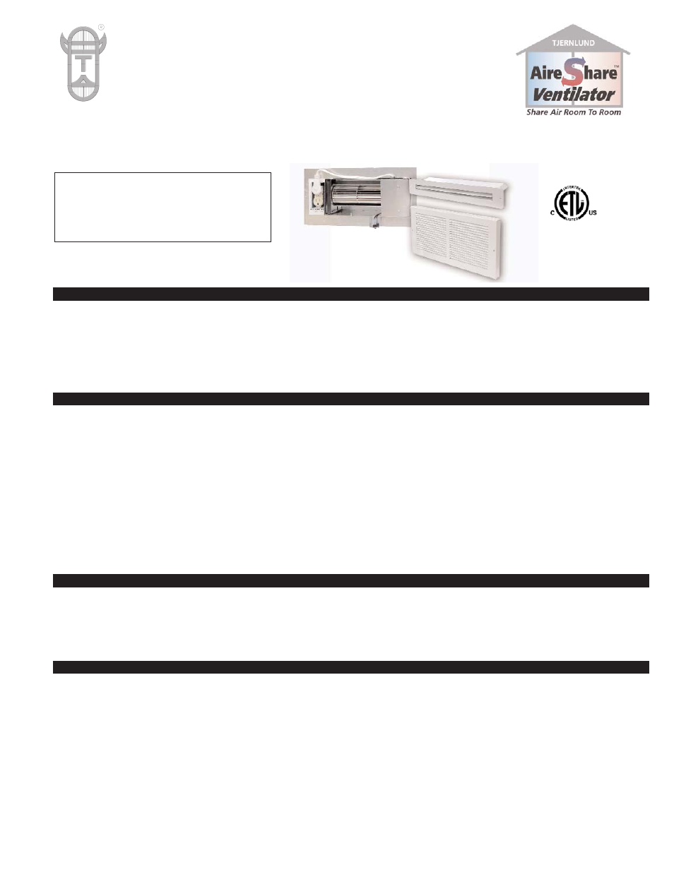 Tjernlund AS1P AireShare Room-to-Room Ventilator Rev A 02/08 8504137 User Manual | 4 pages