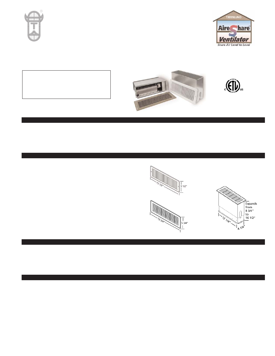 Tjernlund ASLL AireShare Level-to-Level Ventilator Rev 03/09 8504156 User Manual | 8 pages