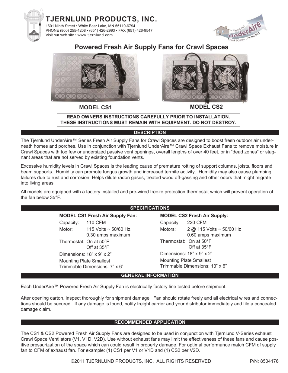 Tjernlund CS2 Crawl Space Intake Fans 8504176 User Manual | 4 pages