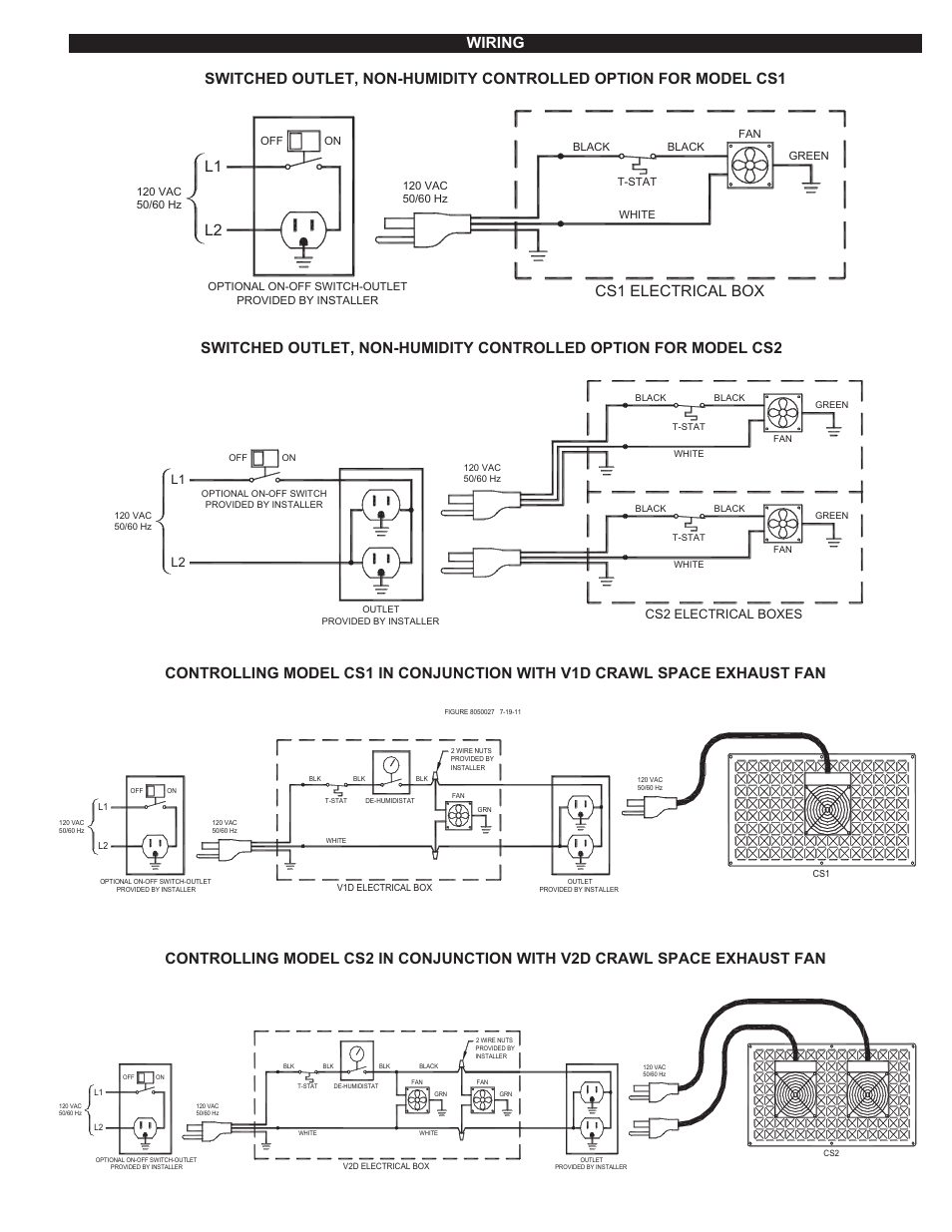 Wiring, L1 l2, Cs1 electrical box | L2 l1, Cs2 electrical boxes | Tjernlund CS2 Crawl Space Intake Fans 8504176 User Manual | Page 3 / 4