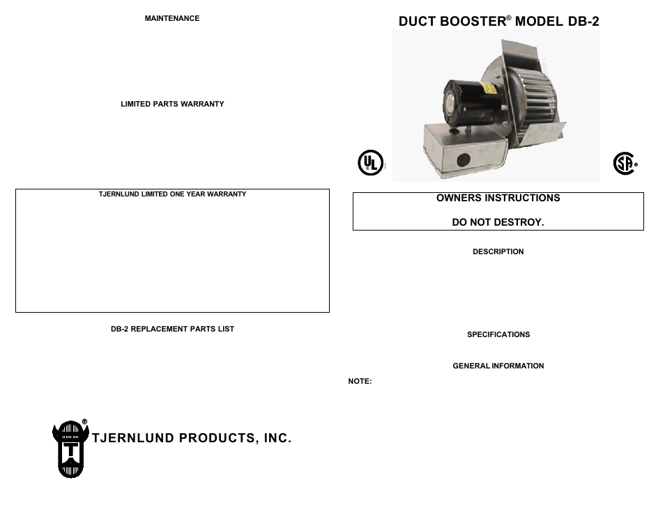 Tjernlund DB-2 Duct Booster 8504030 Rev B 09/00 User Manual | 4 pages