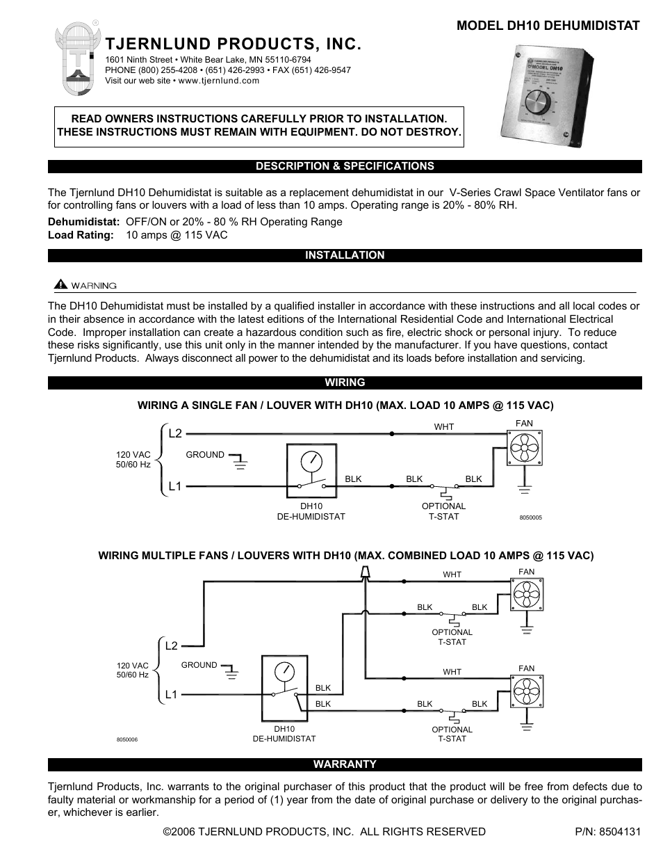 Tjernlund DH10 Dehumidistat 8504131 User Manual | 1 page