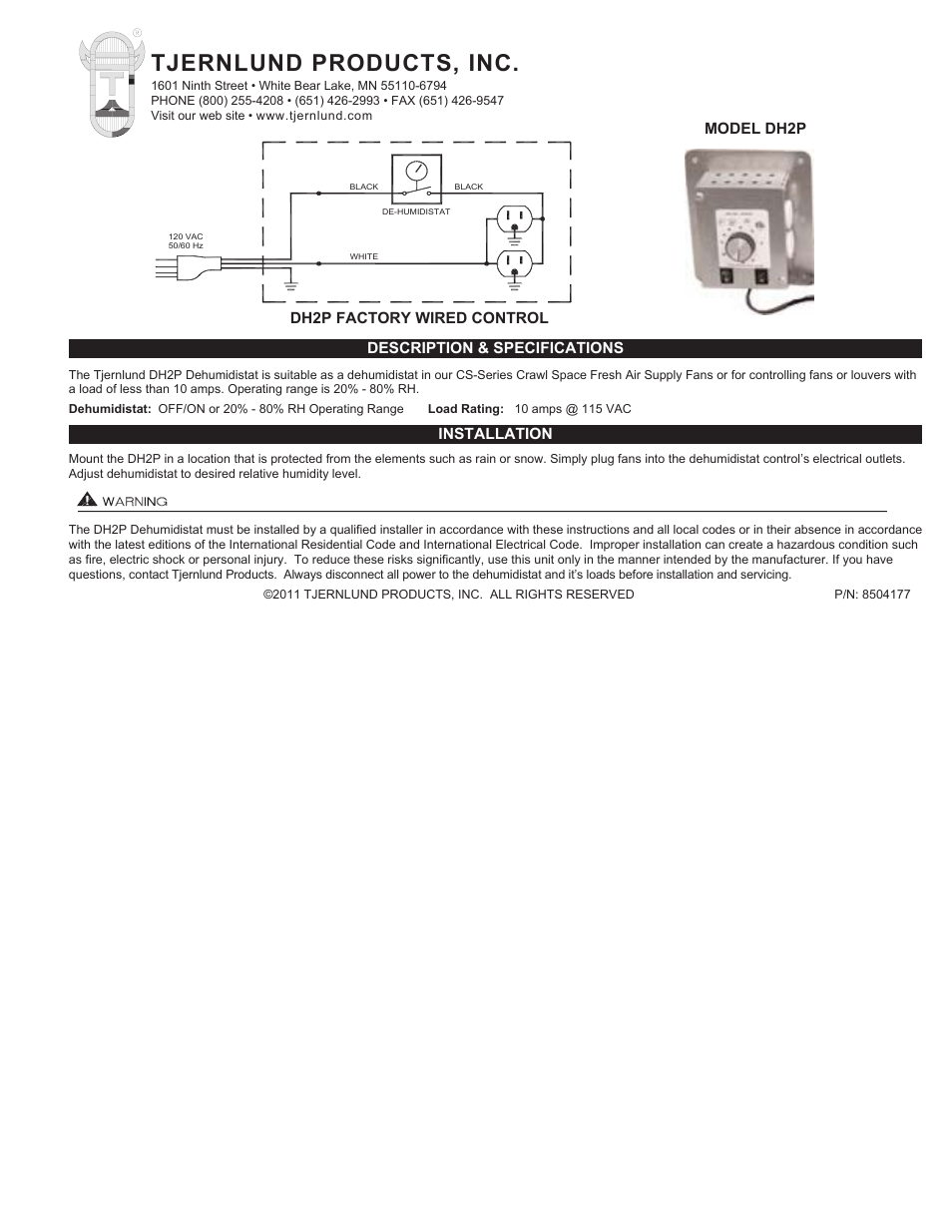 Tjernlund DH2P Dehumidistat Control 8504177 User Manual | 1 page