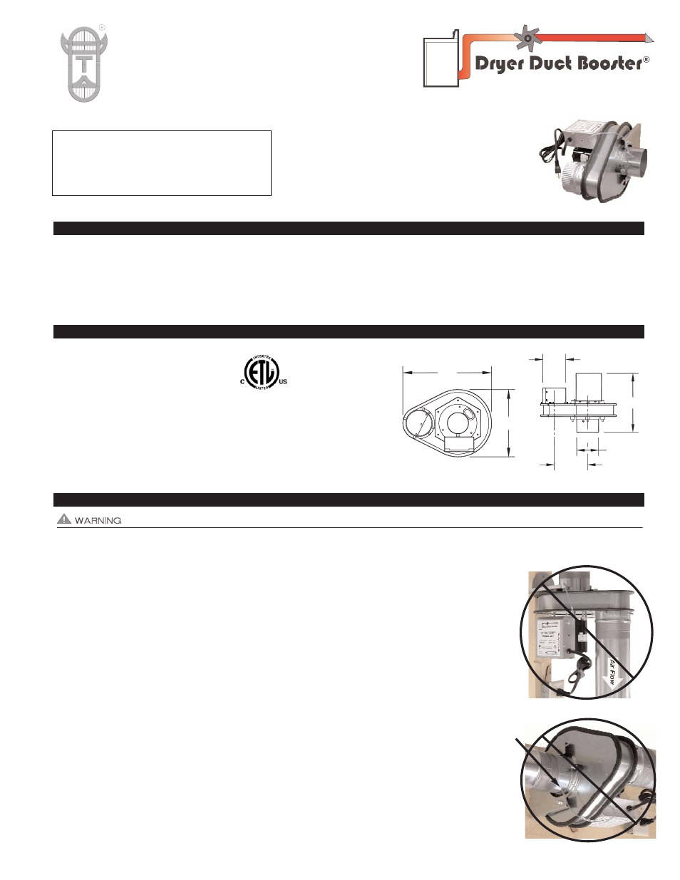 Tjernlund LB1 Dryer Duct Booster 8504142 User Manual | 3 pages