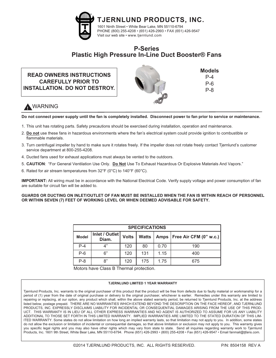 Tjernlund P Series Plastic High Pressure Duct Booster Fans 8504158 Rev A 12/14 User Manual | 2 pages