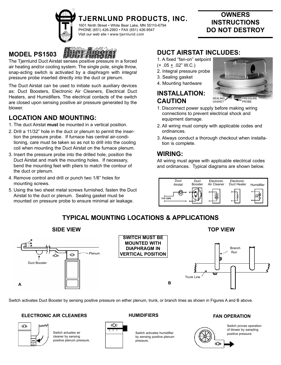 Tjernlund PS1503 Duct Airstat Fan Proving Switch Rev  A 10/99 User Manual | 2 pages