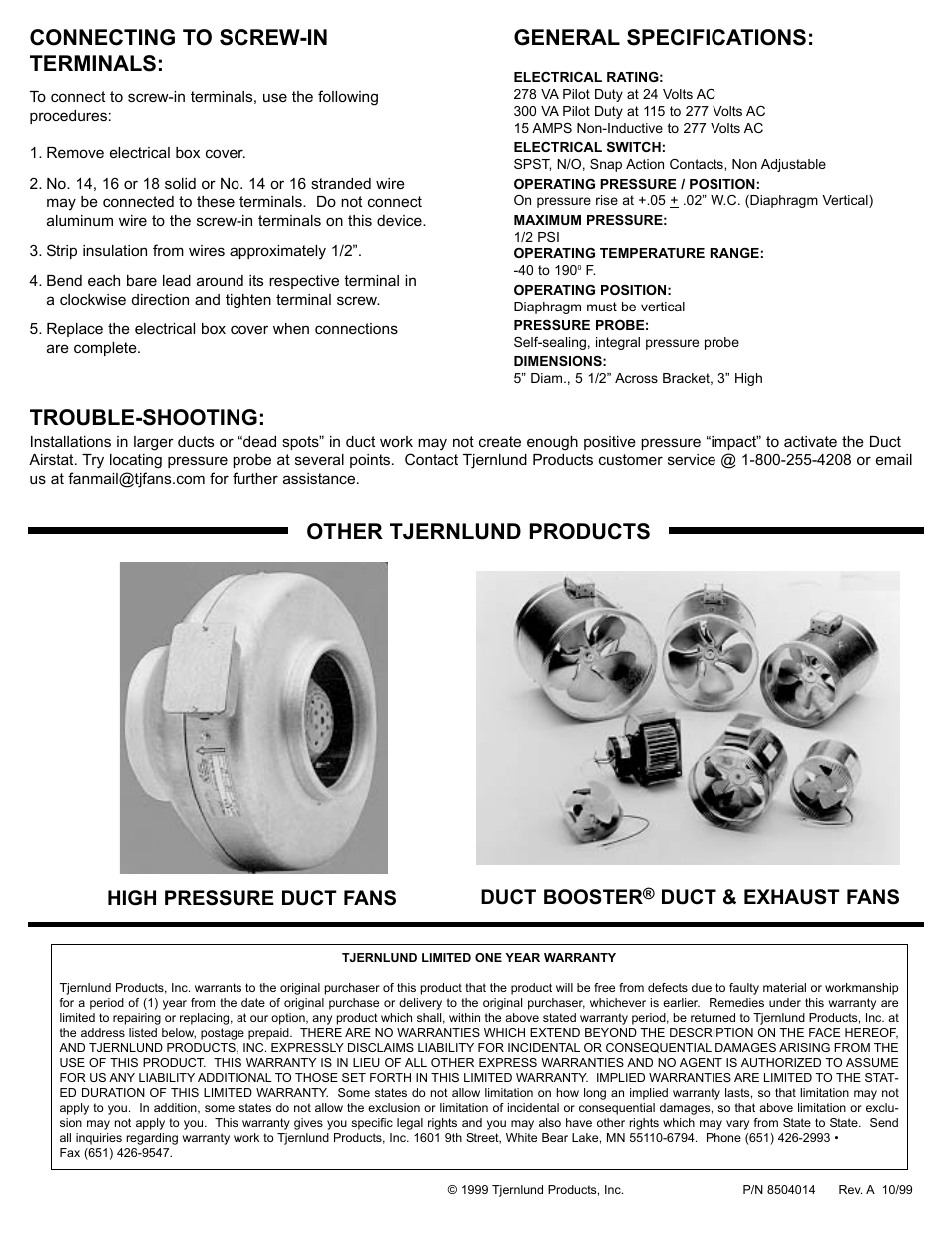 General specifications, Trouble-shooting, Other tjernlund products | Connecting to screw-in terminals, High pressure duct fans duct booster, Duct & exhaust fans | Tjernlund PS1503 Duct Airstat Fan Proving Switch Rev  A 10/99 User Manual | Page 2 / 2
