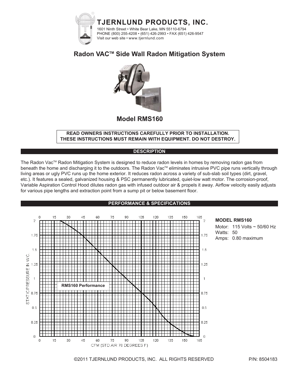 Tjernlund RMS160 Radon Vac 8504183 User Manual | 7 pages