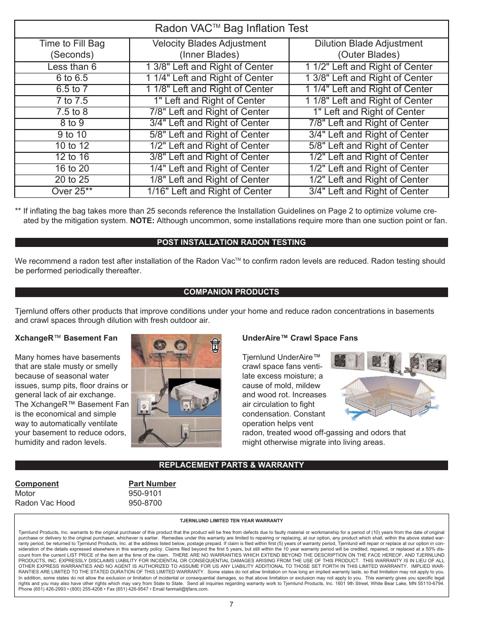 Radon vac, Bag inflation test | Tjernlund RMS160 Radon Vac 8504183 User Manual | Page 7 / 7