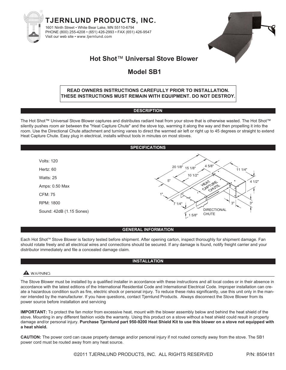 Tjernlund SB1 Hot Shot Stove Blower 8504181 User Manual | 2 pages