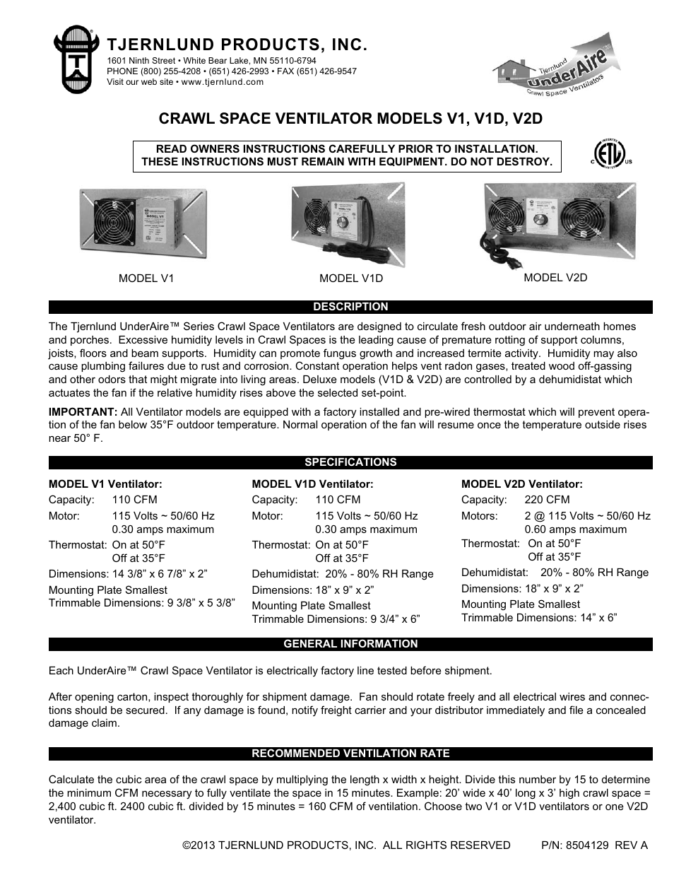Tjernlund V2D Crawl Space Ventilators 8504129 Rev A User Manual | 4 pages