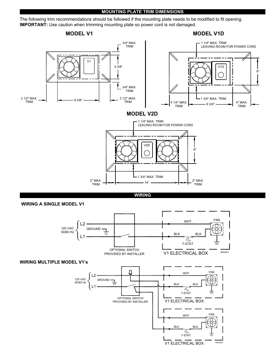 Model v1 model v1d model v2d, V1 electrical box, Wiring a single model v1 | Wiring multiple model v1’s wiring | Tjernlund V2D Crawl Space Ventilators 8504129 Rev A User Manual | Page 3 / 4