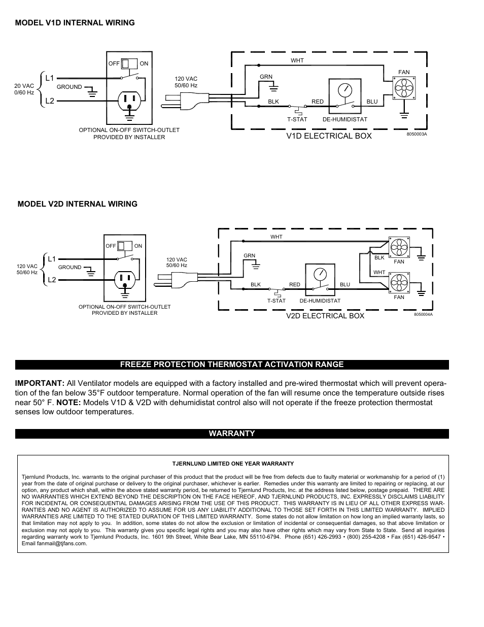 V1d electrical box, L2 model v1d internal wiring, Model v2d internal wiring | Tjernlund V2D Crawl Space Ventilators 8504129 Rev A User Manual | Page 4 / 4