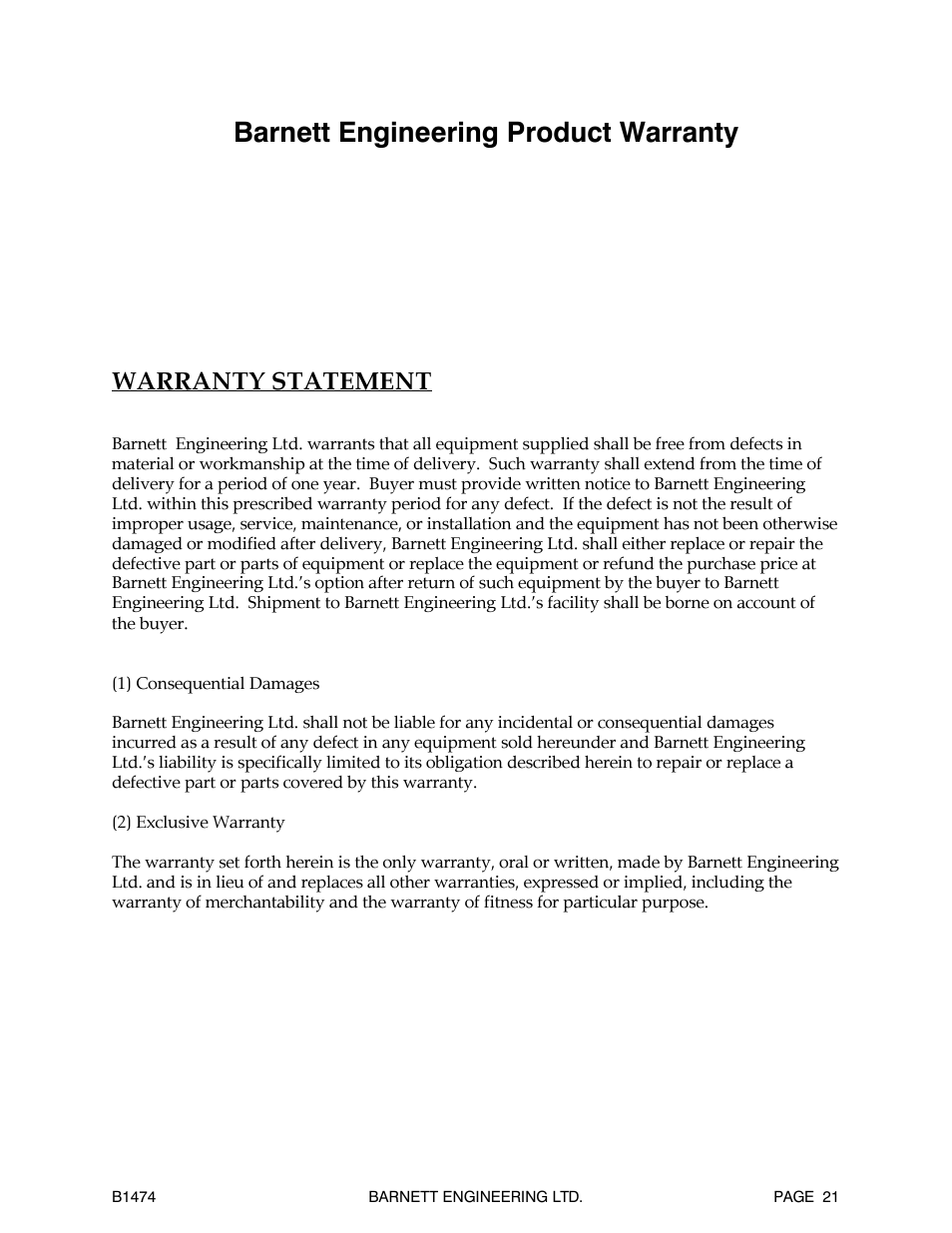 Barnett en gi neering prod uct war ranty, Warranty statement | Barnett Engineering B1474 User Manual | Page 22 / 26