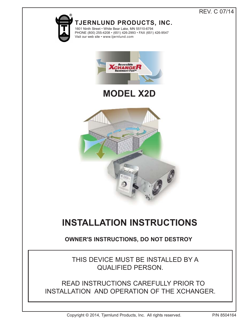 Tjernlund X2D XCHANGER Reversible Basement Fan 8504164 Rev C 07/14 User Manual | 8 pages