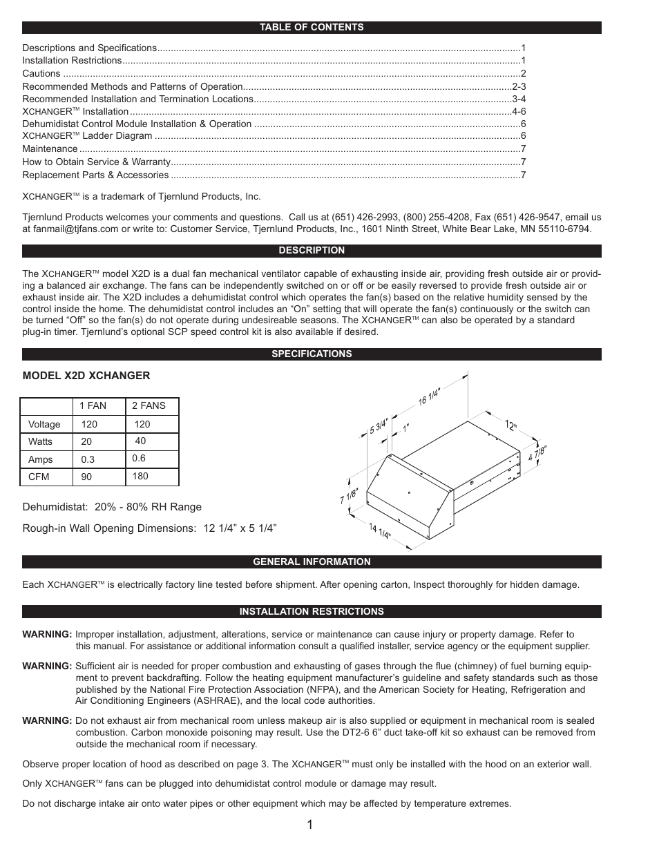 Tjernlund X2D XCHANGER Reversible Basement Fan 8504164 Rev C 07/14 User Manual | Page 2 / 8