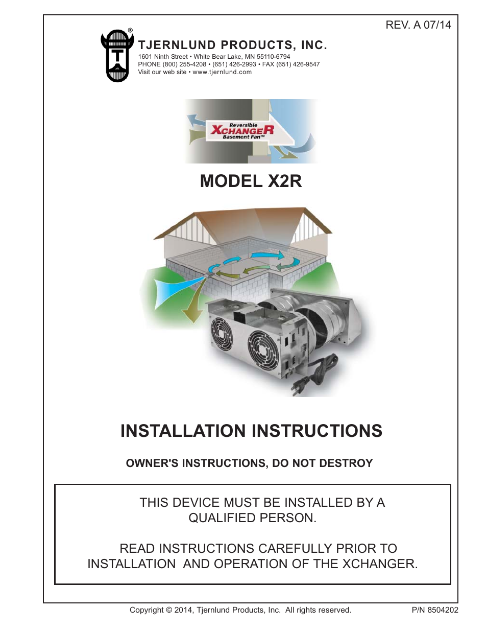 Tjernlund X2R XCHANGER Reversible Basement Fan 850402 Rev A 07/14 User Manual | 8 pages
